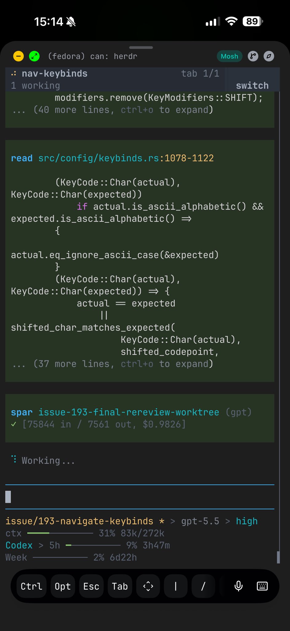 Herdr agent session over SSH on a phone